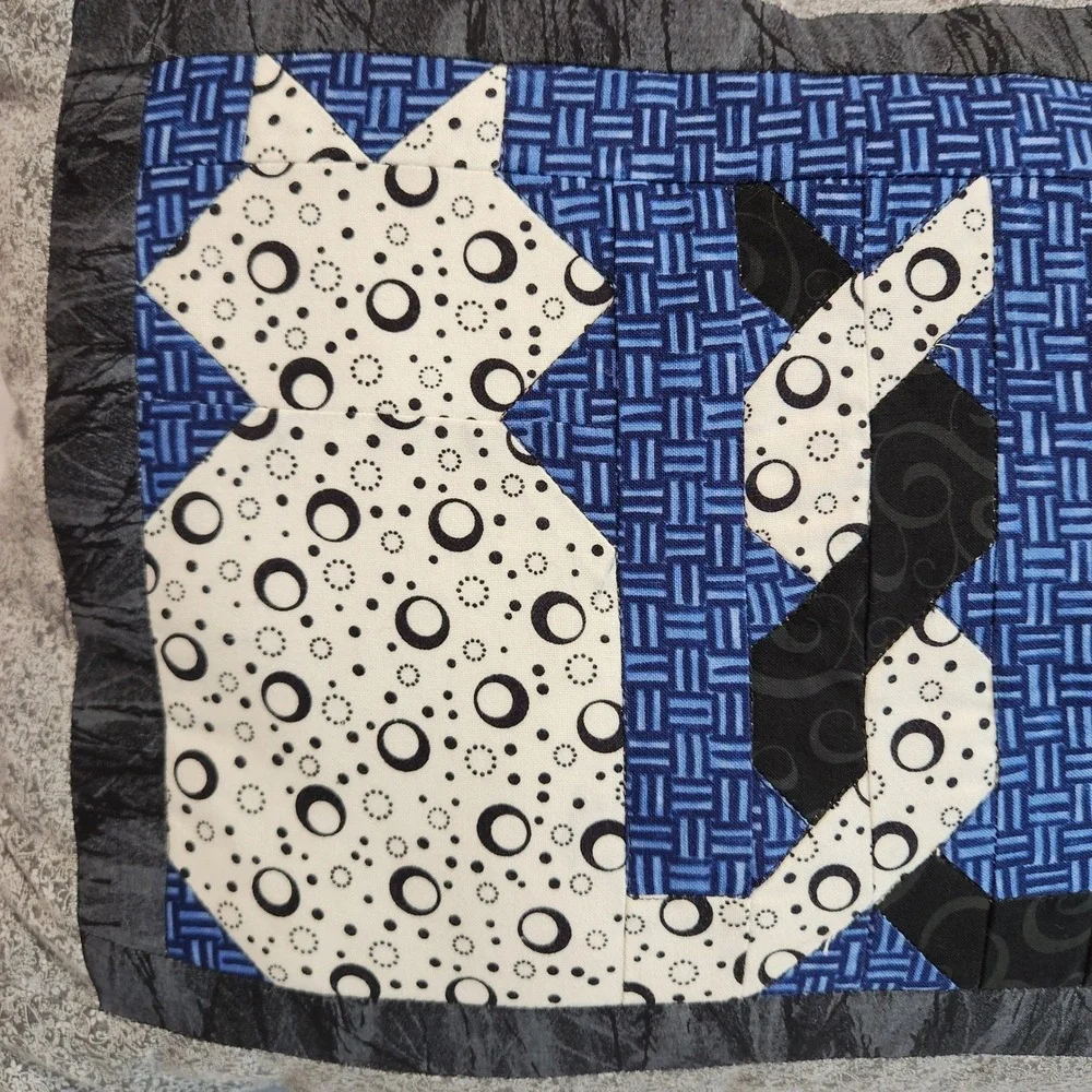 Set of 2 Handmade Quilted‎ Cat Pillows 17x14 Black Blue White Intertwined Tails
